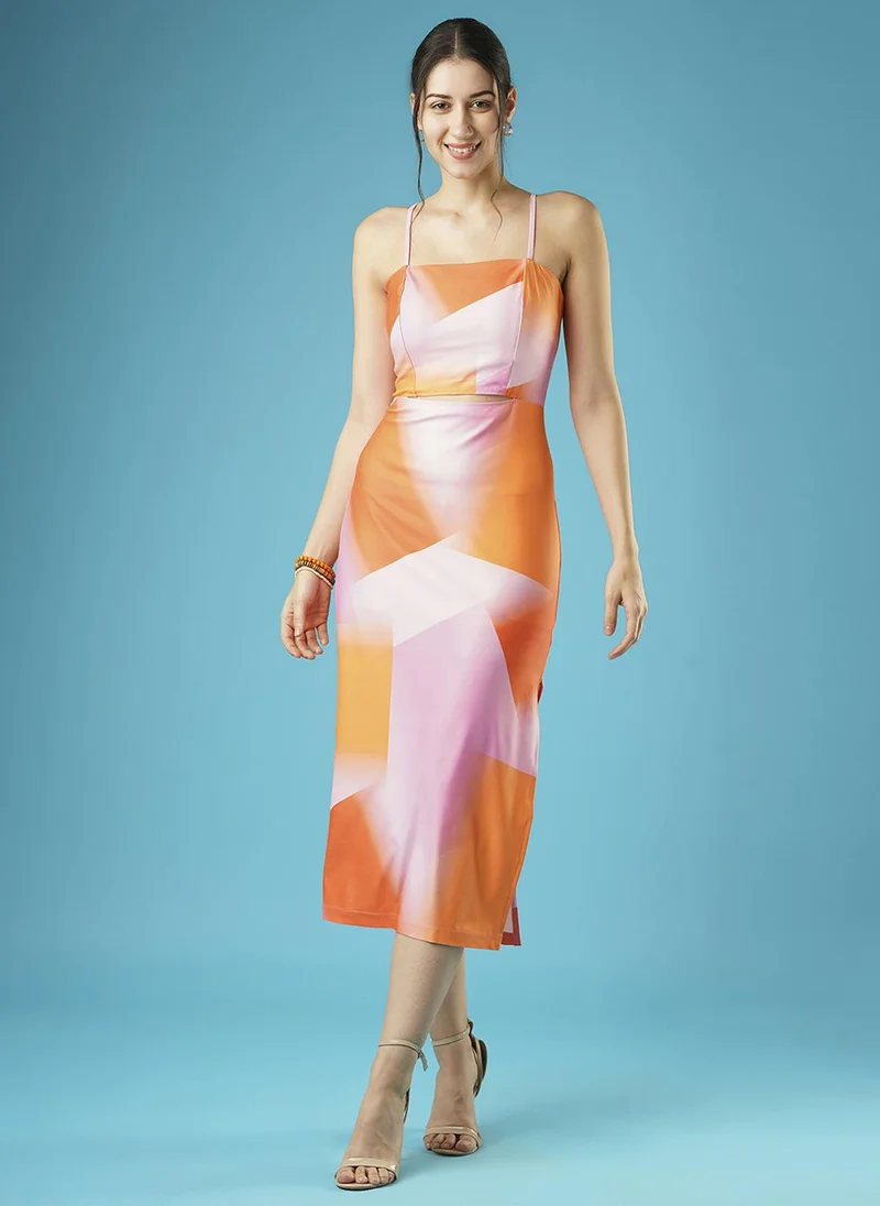 جلو باص فستان سهرة ميدي نسائي بطبعات مجردة وأشرطة وفتحات جانبية من جلوبس